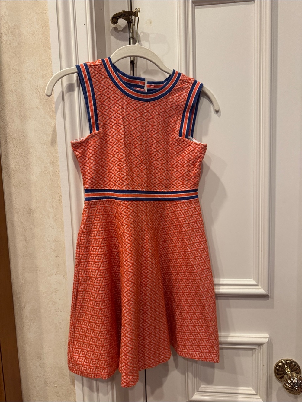 Janie and Jack Coral Knit Fit-and-Flare Dress with Blue Trim